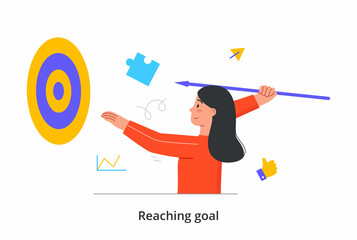 Reaching goal concept. Woman throws spear at target. Metaphor for achieving success in business. Ambitious entrepreneur. Cartoon contemporary flat vector illustration isolated on white background
