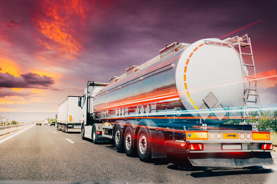 Lorry Fuel Truck in motion on a motorway during a heavy traffic