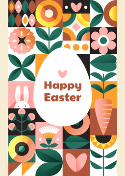 Happy Easter card. Collection of pictures with unusual patterns, real holiday. Mockup, template, family, happy. Easter egg, flower, plant. Cartoon flat vector illustration isolated on white background