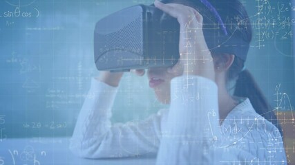 Animation of mathematical equations over schoolgirl wearing vr headset - Powered by Adobe