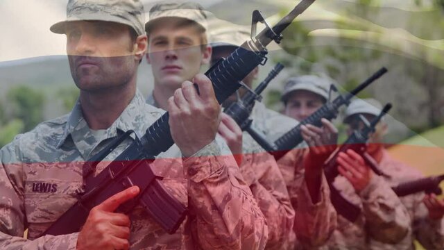 Animation of flag of russia waving over diverse soldiers holding weapons