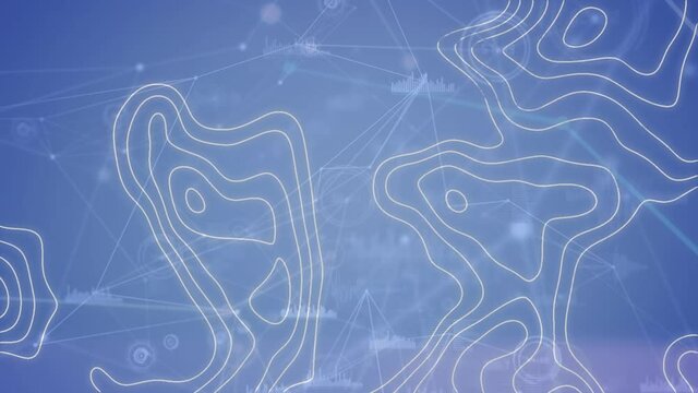Animation of isohypses over network of connections and data processing on grey background