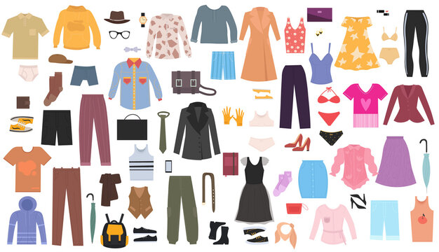 Clothes and accessories. Collection of stickers with men and women outfits. Icons with dresses, shirts, shorts, trousers, skirts and shoes. Cartoon flat vector set isolated on white background