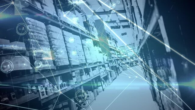 Animation of network of connections and data processing over warehouse
