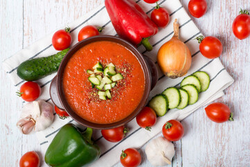 Tomato gazpacho soup with pepper and garlic, Spanish cuisine