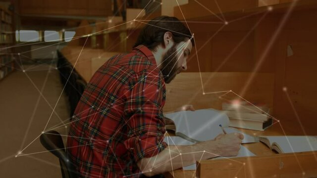 Animation of network of connections over man studying in library