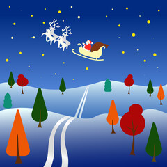Fototapeta na wymiar flat style winter forest landscape night in the sky flying santa on reindeer card blank winter cartoon background