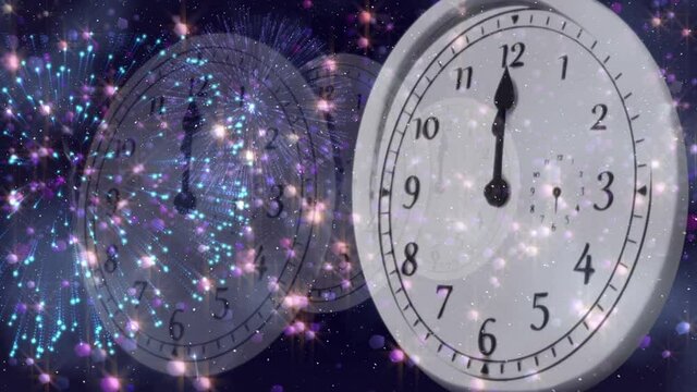 Spots of lights and fireworks exploding over ticking clock against blue background
