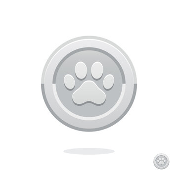 Game coin. Coin icon. Silver medal. Coin with the paw. Graphic user interface design element. Silver paw. Paw print. Imprint animal paw. Animal competition. Reward. Imprint animal. Quality mark. Coin
