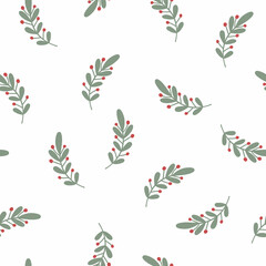 Christmas plant decorative branch with green leaves, berries seamless pattern for home decor, festive holiday ornament, vector illustration for textile, fabric, wrapping paper