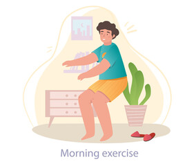 Morning exercises concept. Boy does sports after waking up. Cheerfulness and energy. Training at home. Daily routine for schoolboy. Cartoon flat vector illustration isolated on white background