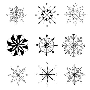 set of hand-drawn beautiful snowflake. decor element. monochrome. vector doodle