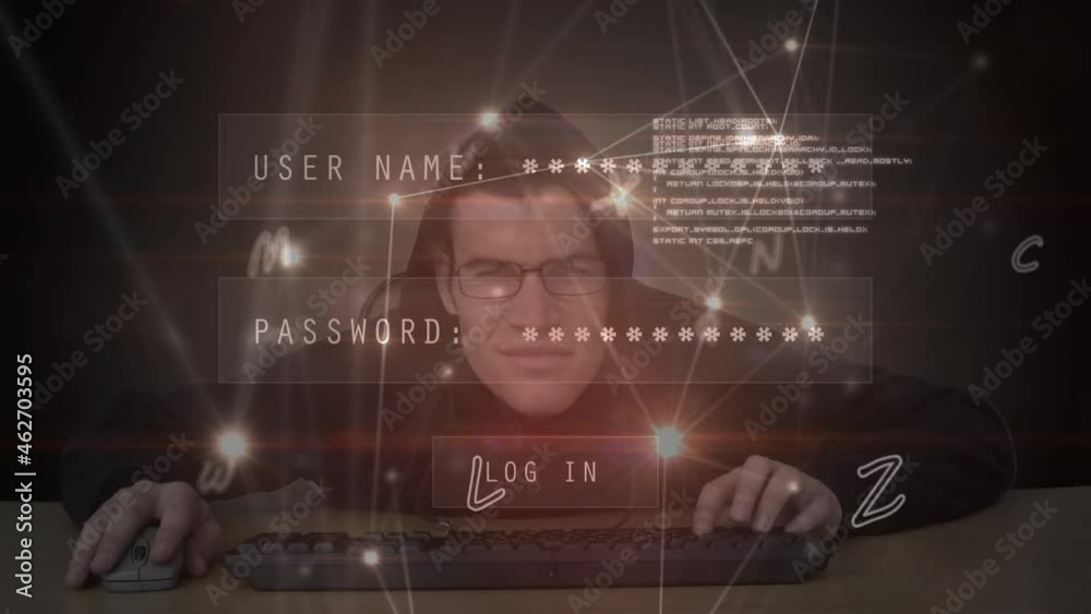 Poster animation of networks of connections with letters over man typing on keyboard