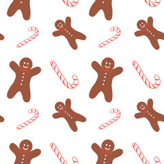Seamless christmas pattern with gingerbread man and candy cane on dark background. Vector illustration
