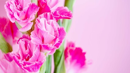 Pink magenta gladiolus flowers on a pale pink background. panorama, 16 on 9