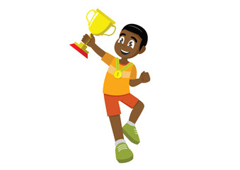 Little cute African boy jumping and rejoices with a golden cup in his hands.