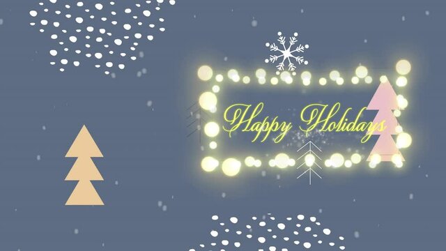 Animation of snow falling over happy holidays text with fir trees and fairy lights