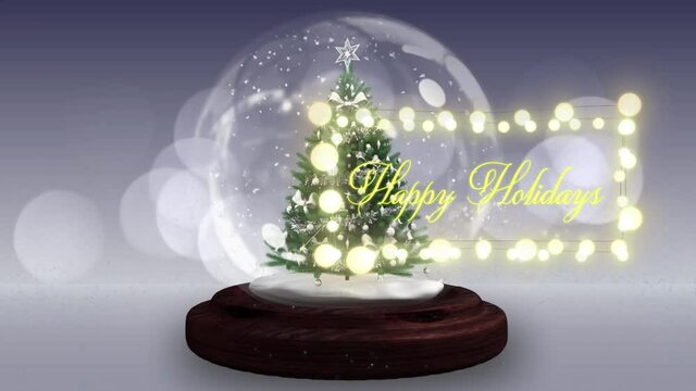 Animation of r happy holidays text with fairy lights and glowing spots over snow globe