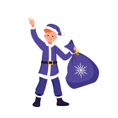 Cute boy with happy face and eyes in festive Santa Claus or Father Frost costume with bag of gifts for Christmas, New Year or winter holiday