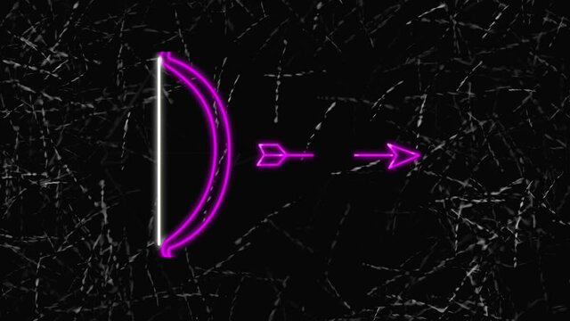 Animation of digital bow and arrow on black background