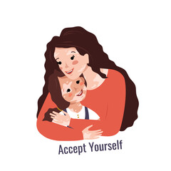 Beautiful mother with long hair and vitiligo hugs her daughter. Inscription accept yourself. Vector illustration of skin diseases and taking care of your body. Teach your child to love himself