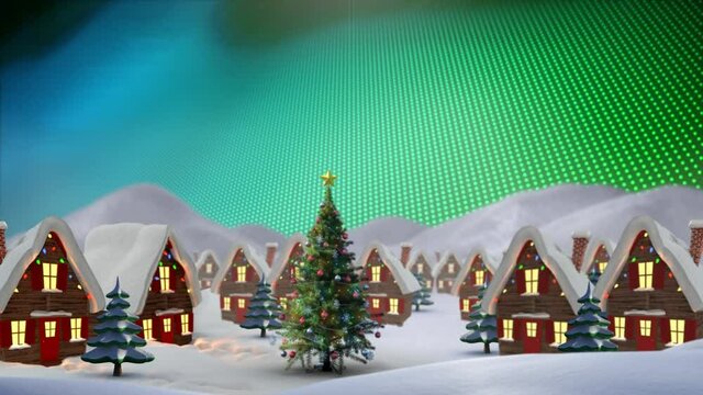 Animation of winter scenery with decorated houses and christmas tree on colourful background