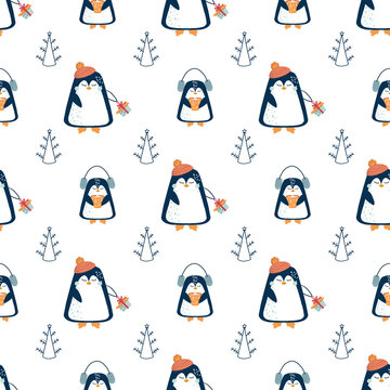 Christmas and New Year pattern. Seamless pattern with abstract Christmas tree and cute penguins. Texture for fabric, textile, poster, card, print, invitation, wrapper, cover, background
