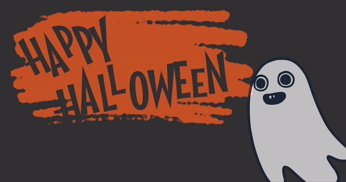 Animation of halloween greetings with ghost on orange and brown background