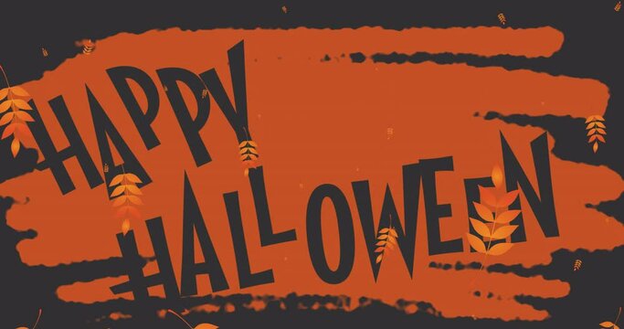 Animation of halloween greetings and leaves falling over orange background