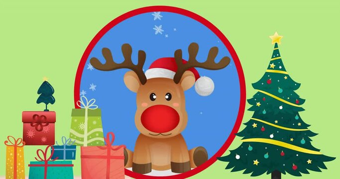 Animation of reindeer with red nose, gifts, christmas tree