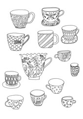 Set of cute mugs decorated with ornaments in doodle style. Hand drawn illustration in doodle style on white background. Isolated outline. Great for coloring book.