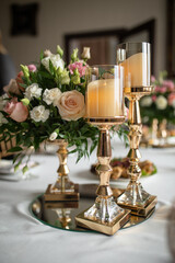 candlesticks on the table next to the flowers