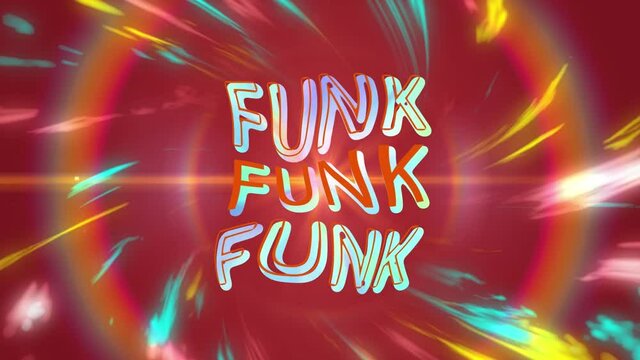 Animation of funk in bending colourful text over colourful swirls on red