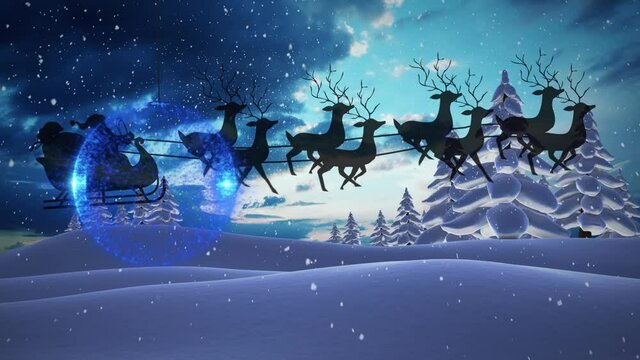 Animation of santa claus in sleigh with reindeer over snow falling, bauble and winter landscape