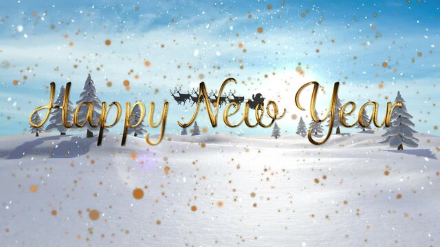 Animation of happy new year text over santa claus in sleigh with reindeer over winter landscape