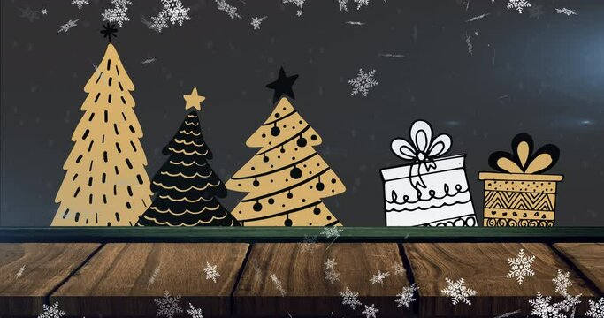 Animation of snow falling over christmas trees and presents on black background