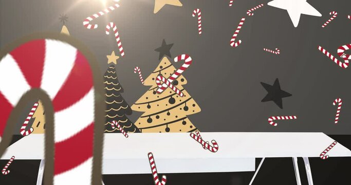 Animation of snow and candy canes falling over christmas trees on black background