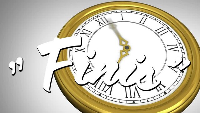 Animation of finis text over clock moving fast