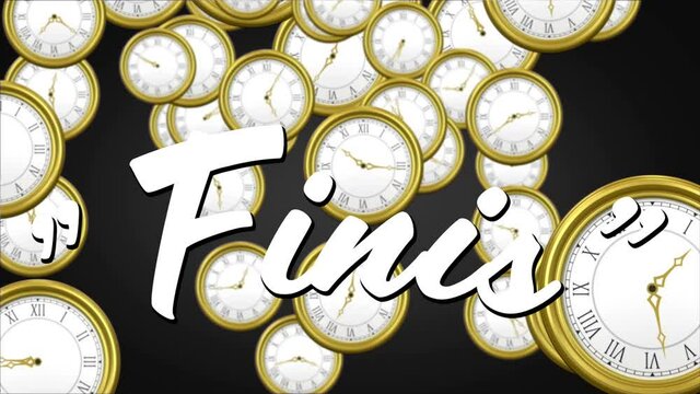 Animation of finis text over multiple clock moving fast