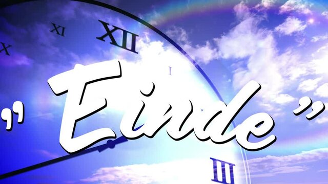 Animation of einde text over clock moving fast on sky background