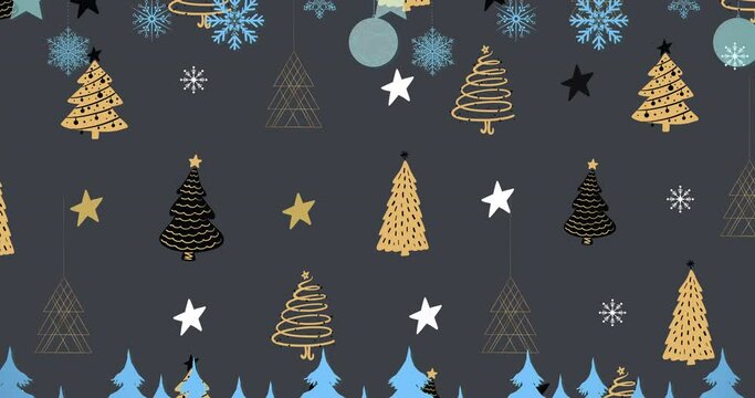 Animation of christmas decorations with baubles over stars and christmas trees on black background
