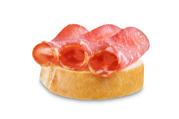 Prosciutto crostini with fresh bread on a white isolated background