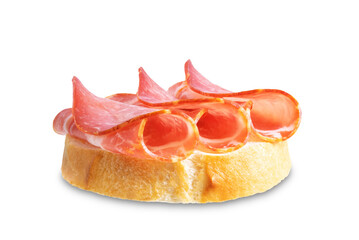 Prosciutto crostini with fresh bread on a white isolated background