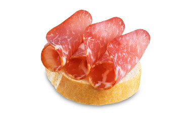 Prosciutto crostini with fresh bread on a white isolated background