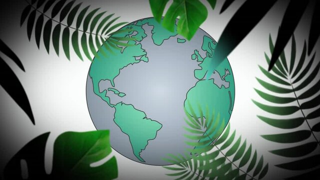 Animation of globe and leaves on white background