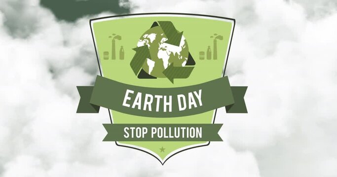 Animation of shield with recycling and earth day on cloudy sky