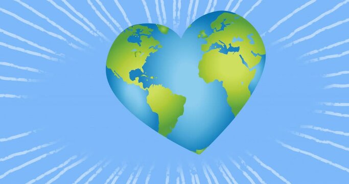 Animation of heart shaped earth on blue background