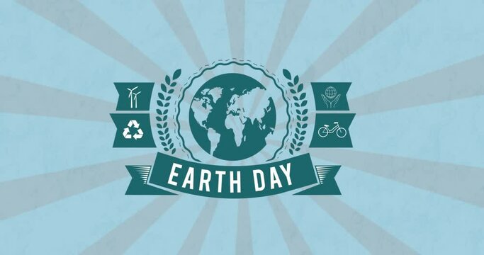 Animation of earth day and globe on moving blue and grey background