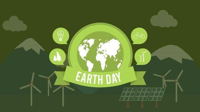 Animation of eart day and globe over wind turbines in mountains on green background
