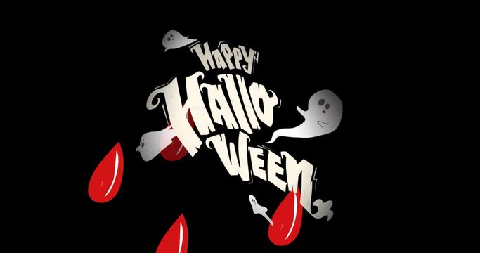 Animation of blood and happy halloween on black background